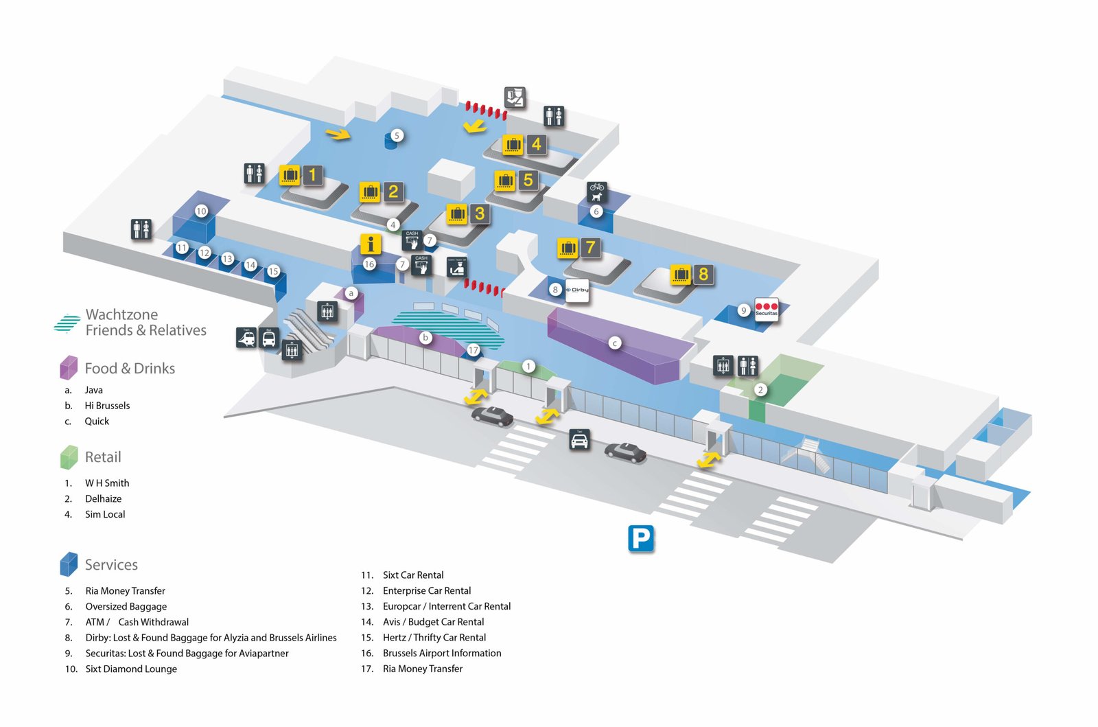 Plan du point de rencontre de l'aéroport de Bruxelles au hall d'arrivée